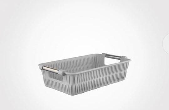 plastic baskets designed for kitchen organization, specifically for cutlery, bread, vegetables, and fruits.